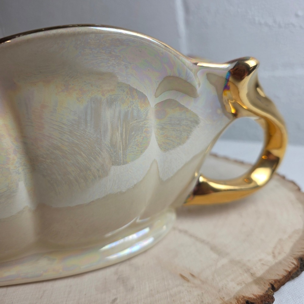 1940s Pearl China Iridescent Console Bowl Scalloped 22K Gold Plated Trim Handles - Picture 5 of 10